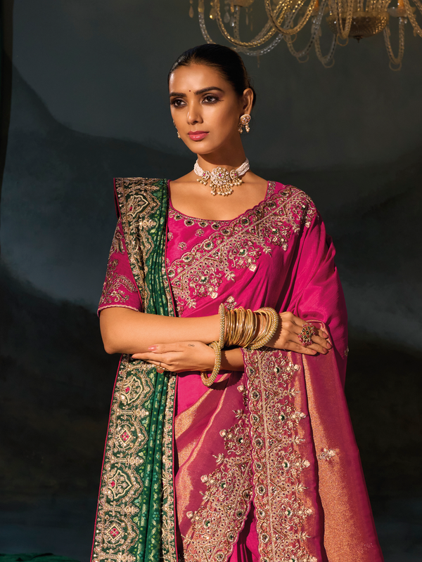 Rani Pink Embroidered Designer Tissue Silk Saree