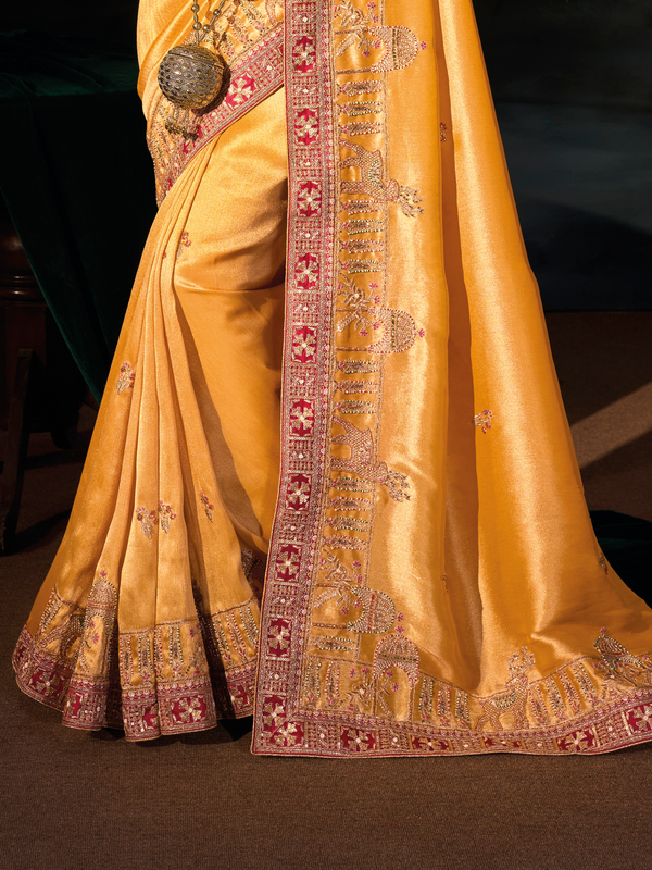 Golden Yellow Embroidered Designer Tissue Silk Saree With Contrast Blouse