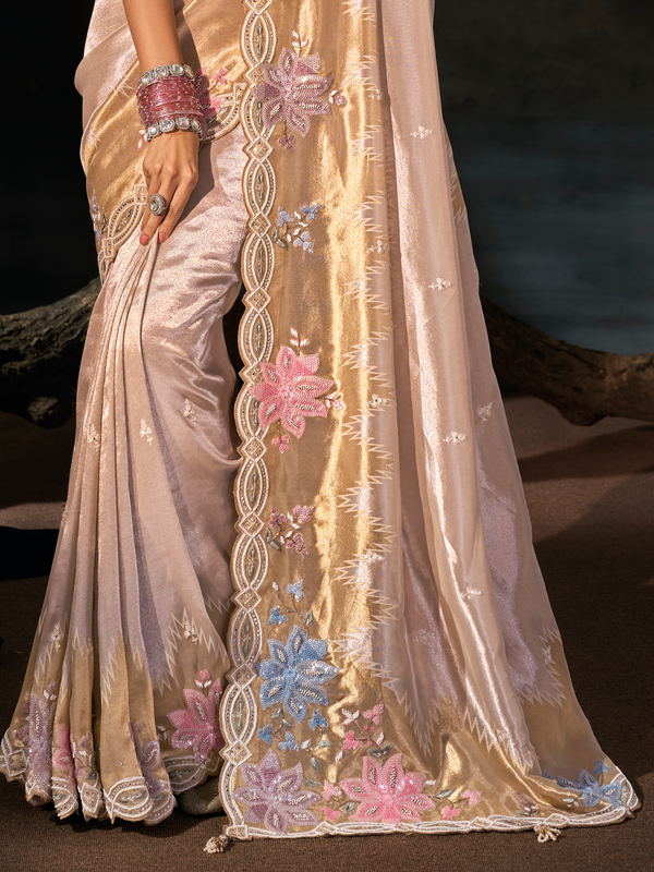 Rose Gold Embroidered Designer Tissue Silk Saree