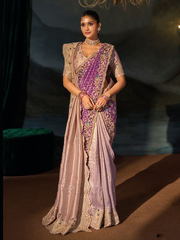 Lilac Embroidered Designer Tissue Silk Saree