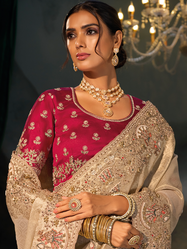 Champagne Embroidered Designer Tissue Silk Saree With Contrast Blouse