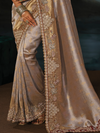 Silver Grey Embroidered Designer Tissue Silk Saree With Contrast Blouse