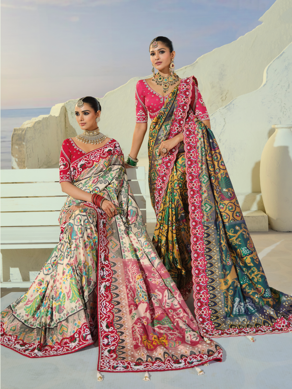 Ivory Cream Patola Silk Saree With Contrast Blouse