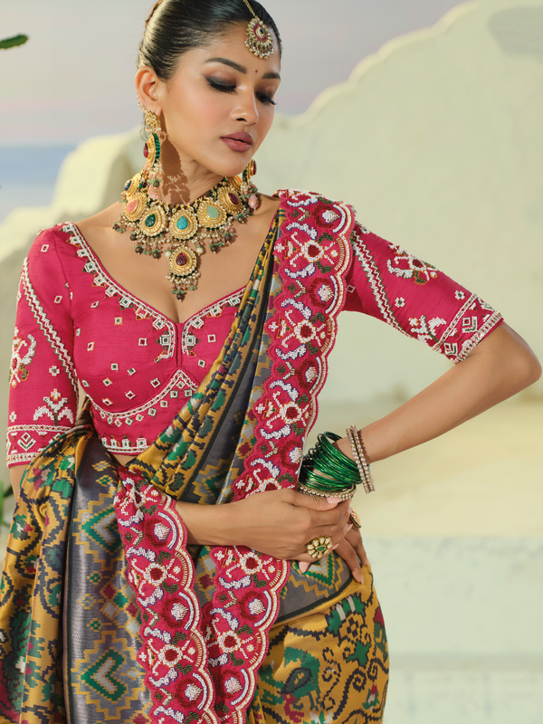 Teal Green Patola Silk Saree With Contrast Blouse