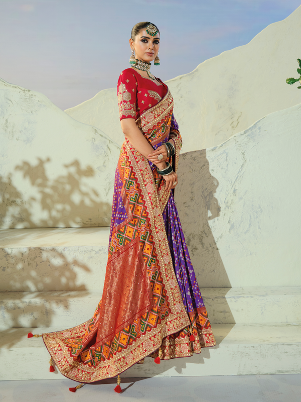 Violet Purple Patola Silk Saree With Contrast Blouse