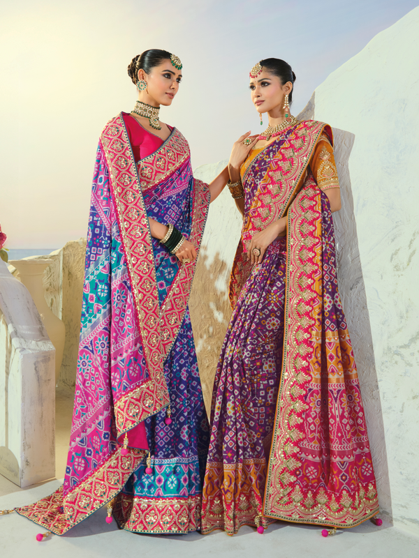 Royal Purple Patola Silk Saree With Contrast Blouse