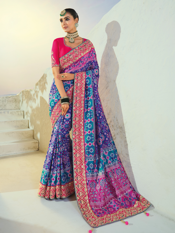 Royal Blue Patola Silk Saree With Contrast Blouse