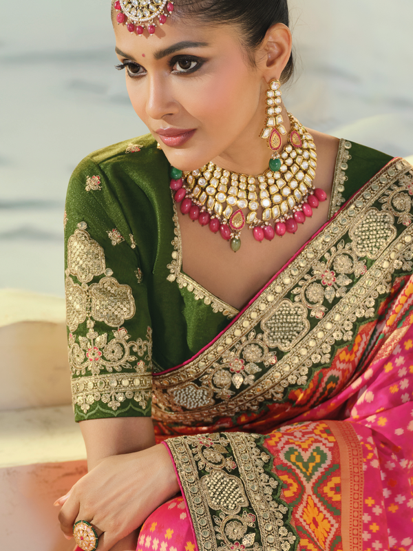 Rani Pink Patola Silk Saree With Contrast Blouse