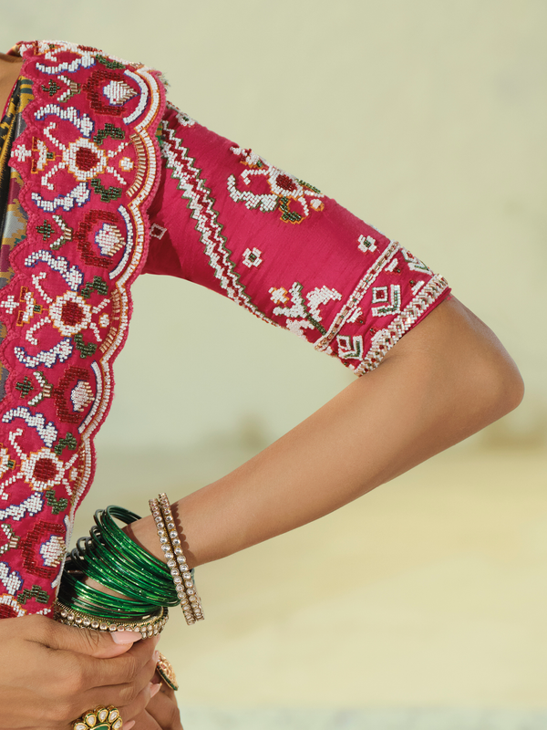 Teal Green Patola Silk Saree With Contrast Blouse