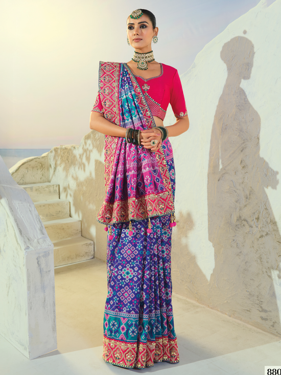 Royal Blue Patola Silk Saree With Contrast Blouse