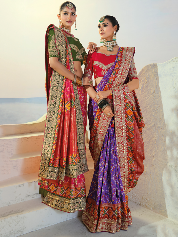 Violet Purple Patola Silk Saree With Contrast Blouse