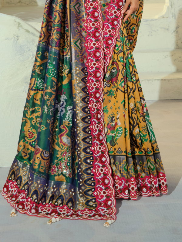 Teal Green Patola Silk Saree With Contrast Blouse