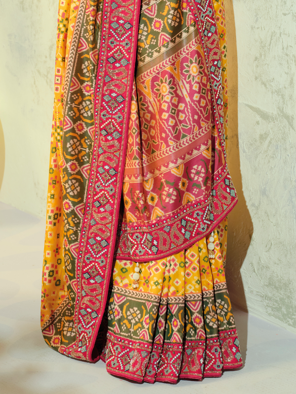 Sunshine Yellow Patola Silk Saree With Contrast Blouse