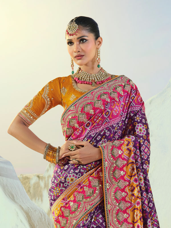 Royal Purple Patola Silk Saree With Contrast Blouse