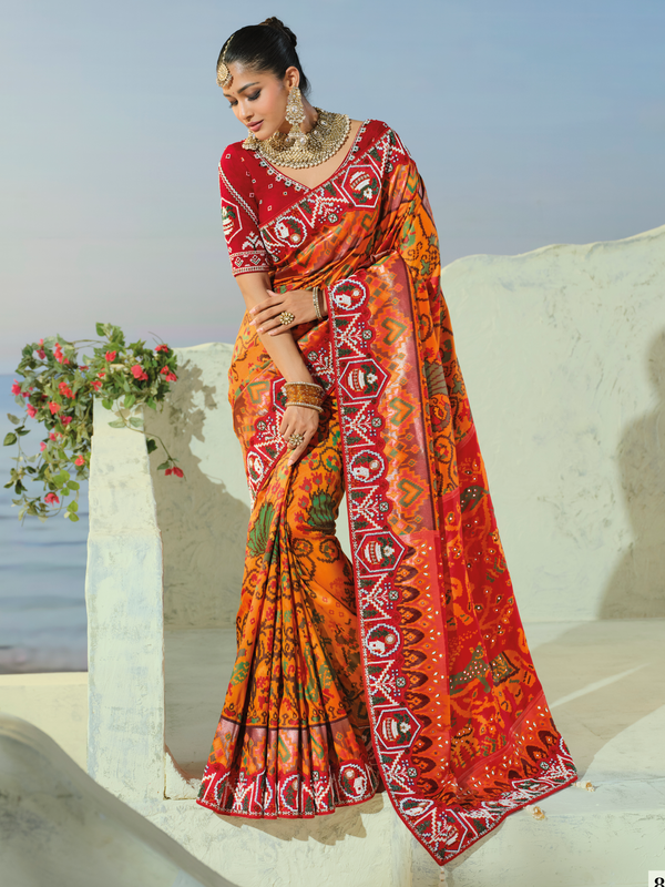 Saffron Orange Patola Silk Saree With Contrast Blouse