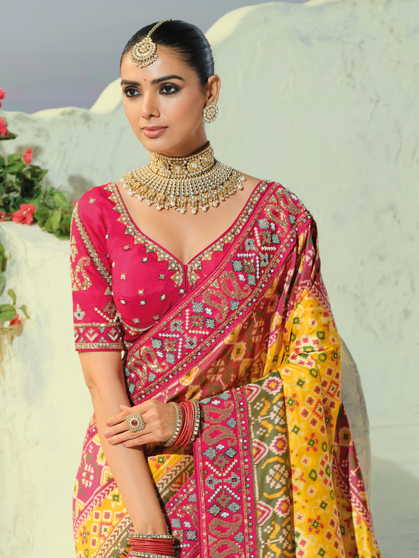Sunshine Yellow Patola Silk Saree With Contrast Blouse