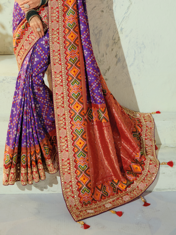 Violet Purple Patola Silk Saree With Contrast Blouse