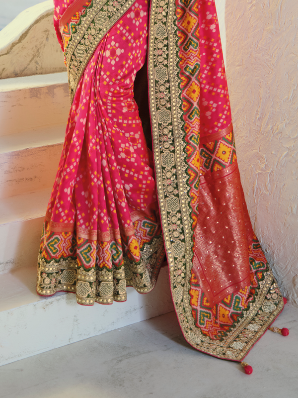 Rani Pink Patola Silk Saree With Contrast Blouse