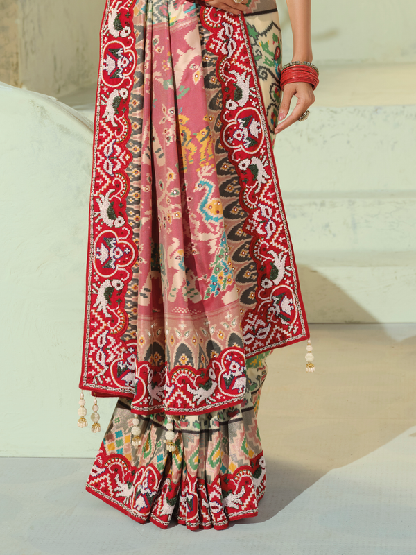 Ivory Cream Patola Silk Saree With Contrast Blouse