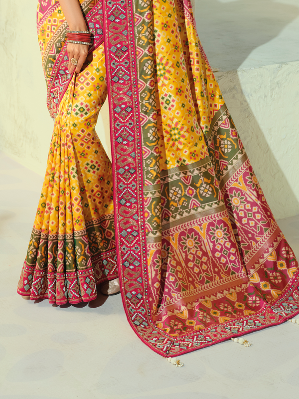 Sunshine Yellow Patola Silk Saree With Contrast Blouse