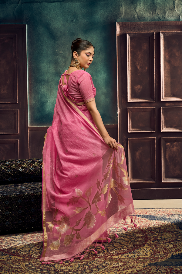 Rose Pink Banarasi Cotton Silk Saree