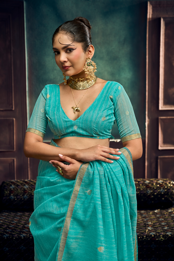 Aqua Blue Banarasi Cotton Silk Saree