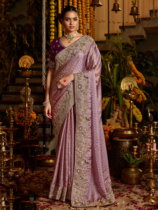 Mauve Purple Banarasi Tissue Silk Saree With Contrast Blouse