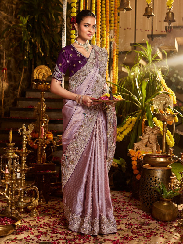 Mauve Purple Banarasi Tissue Silk Saree With Contrast Blouse