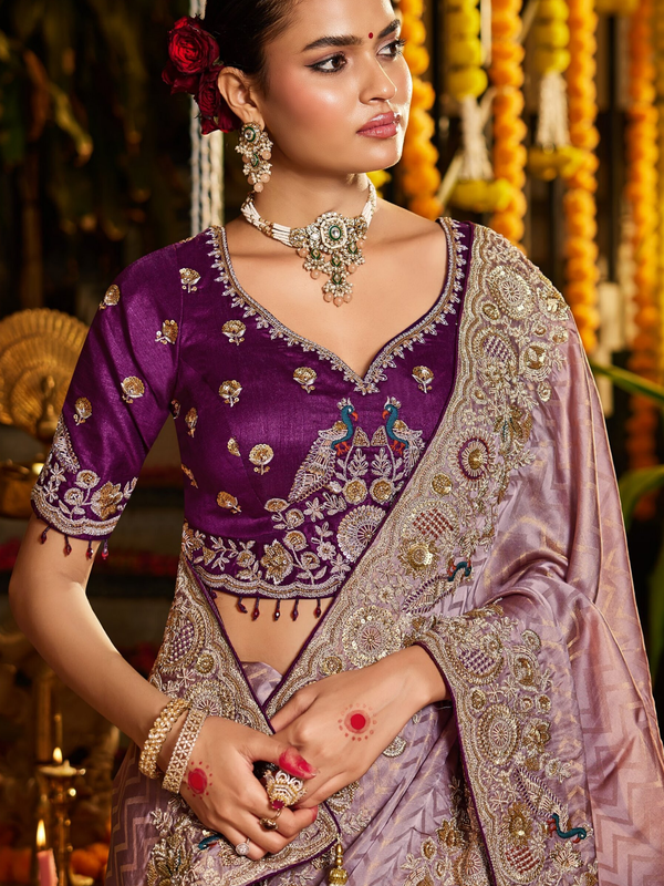 Mauve Purple Banarasi Tissue Silk Saree With Contrast Blouse