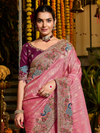 Rose Pink Banarasi Tissue Silk Saree With Contrast Blouse