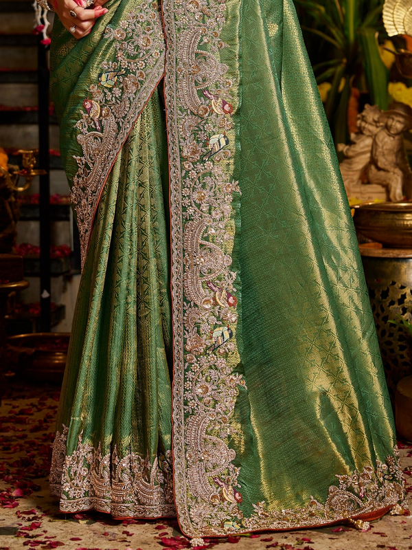 Mehendi Green Banarasi Tissue Silk Saree With Contrast Blouse