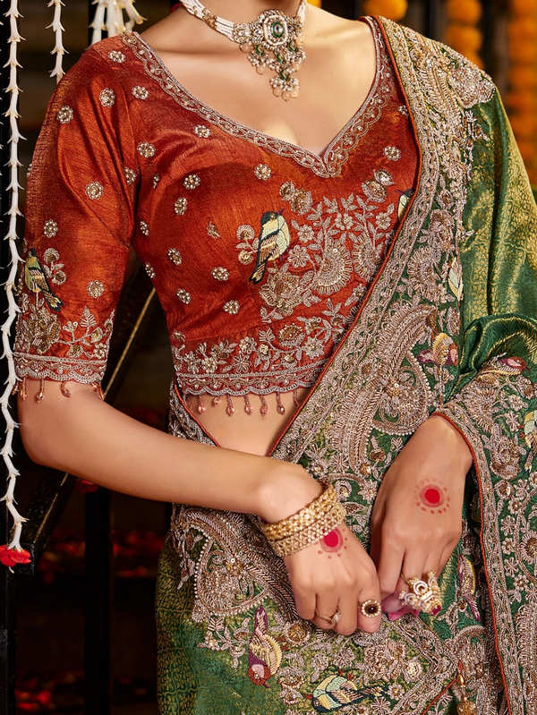 Mehendi Green Banarasi Tissue Silk Saree With Contrast Blouse