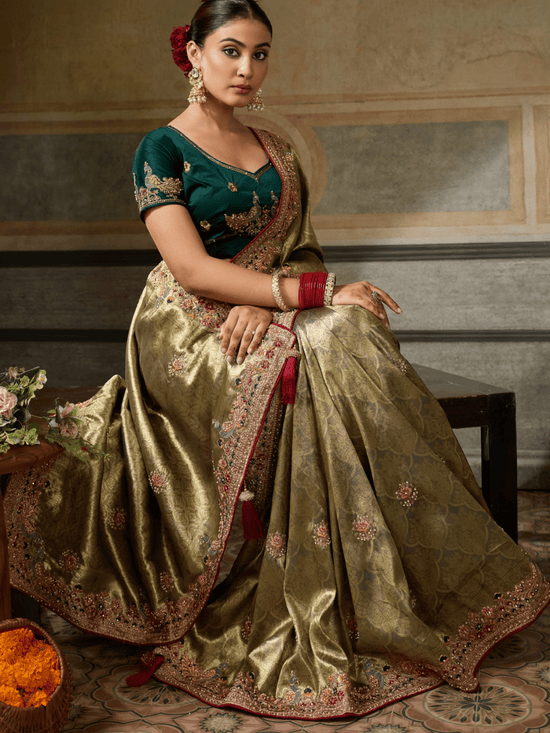 Antique Gold Banarasi Satin Silk Saree With Contrast Blouse