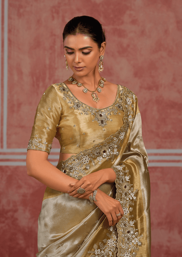 Antique Gold Embroidered Designer Tissue Silk Saree