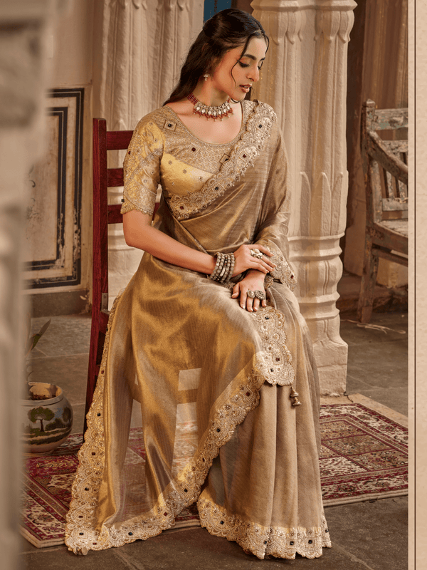 Antique Gold Embroidered Designer Tissue Silk Saree