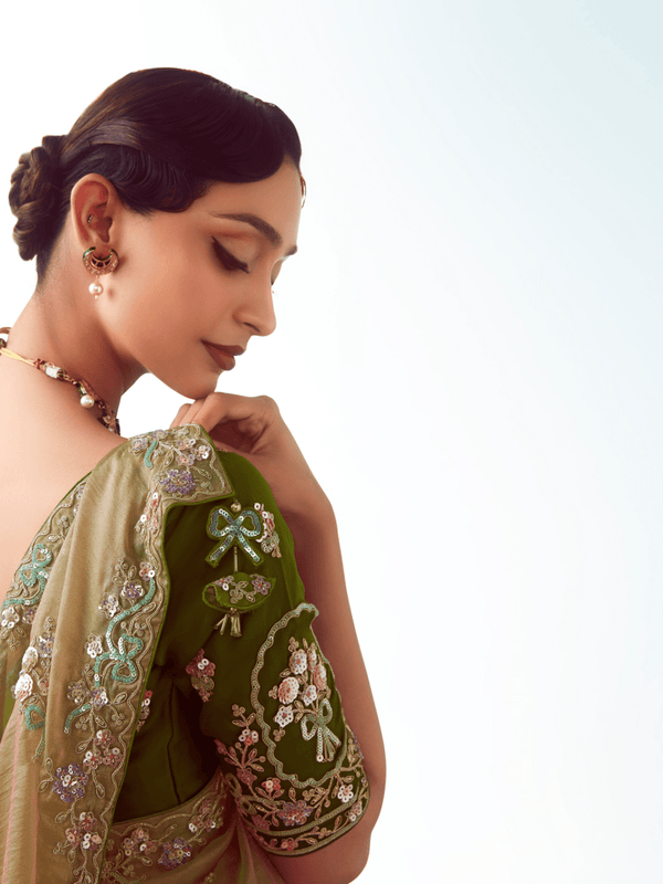 Antique Gold Embroidered Designer Tissue Silk Saree With Contrast Blouse