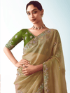 Antique Gold Embroidered Designer Tissue Silk Saree With Contrast Blouse