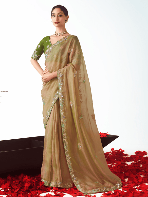 Antique Gold Embroidered Designer Tissue Silk Saree With Contrast Blouse