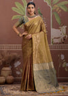 Antique Gold Tussar Silk Saree with Grey Contrast Blouse