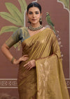 Antique Gold Tussar Silk Saree with Grey Contrast Blouse