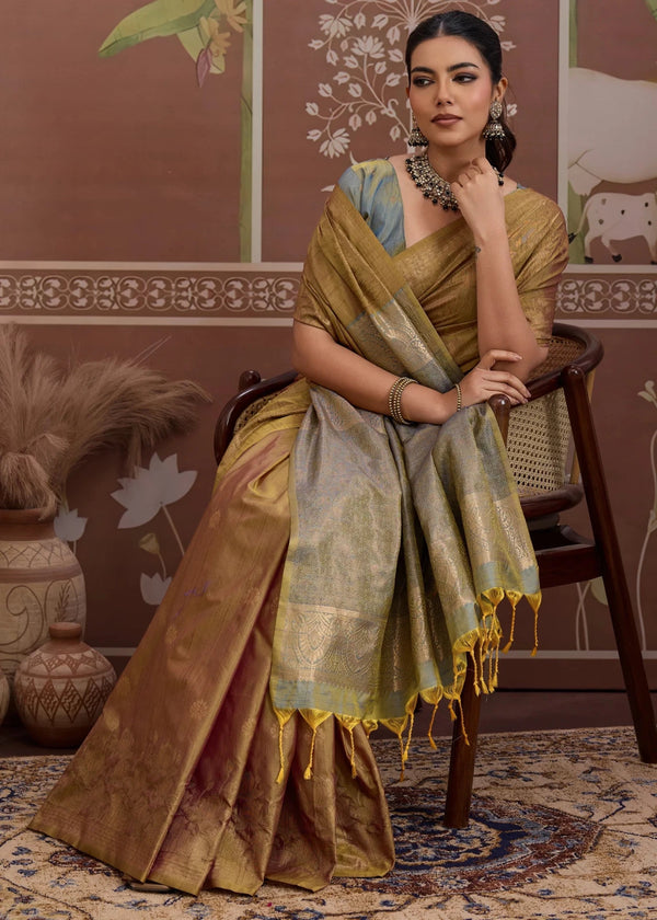 Antique Gold Tussar Silk Saree with Grey Contrast Blouse