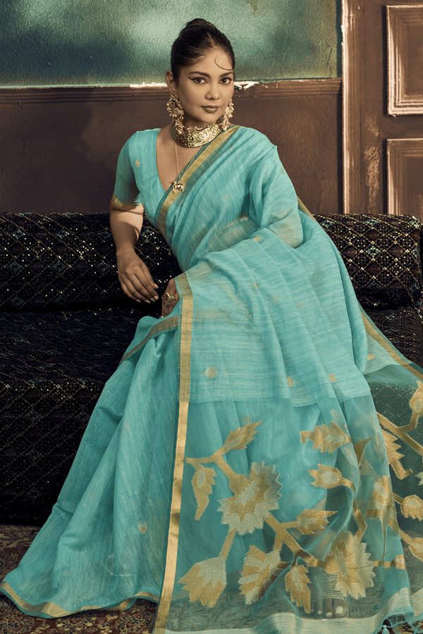 Aqua Blue Banarasi Cotton Silk Saree