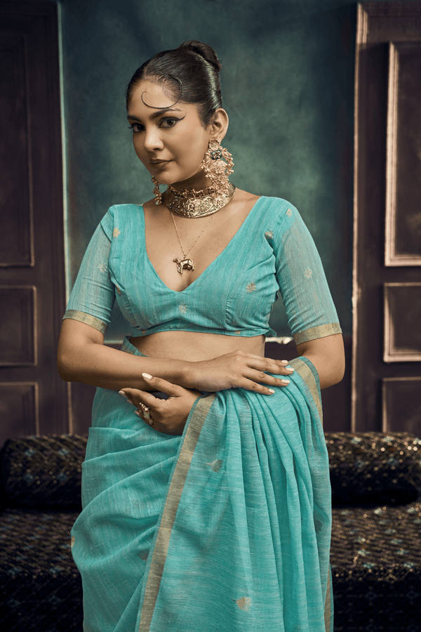 Aqua Blue Banarasi Cotton Silk Saree