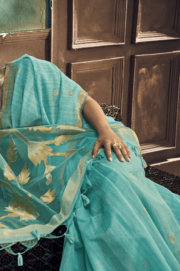 Aqua Blue Banarasi Cotton Silk Saree