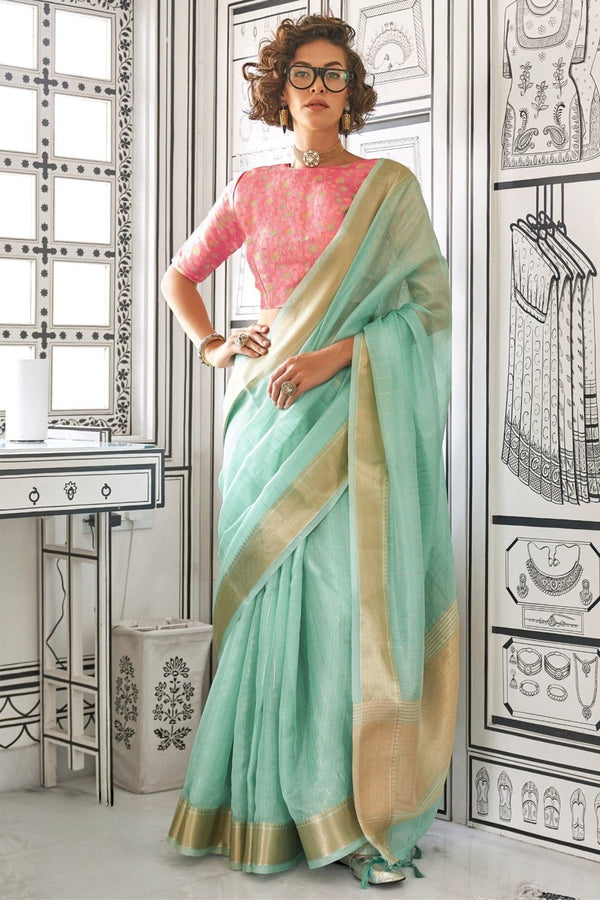 Aqua Blue Chiffon Handloom Saree