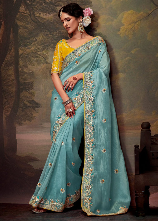 Aqua Blue Designer Organza Silk Saree