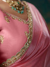 Aqua Blue Embroidered Designer Satin Silk Saree, weave and work detail