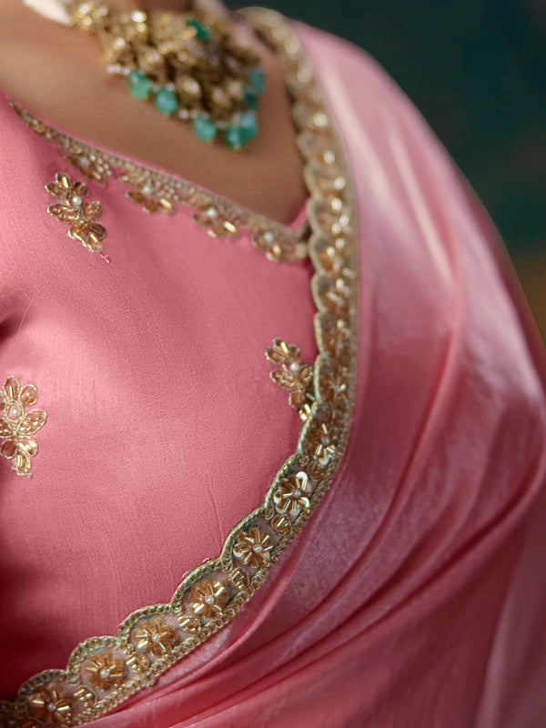 Aqua Blue Embroidered Designer Satin Silk Saree, weave and work detail