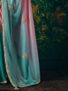 Aqua Blue Embroidered Designer Satin Silk Saree, pallu detail