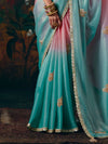 Aqua Blue Embroidered Designer Satin Silk Saree, border and drape